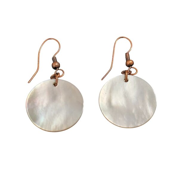 Handmade Copper &‎ Mother Of Pearl Double Disc Dangle Earrings - Picture 2 of 4